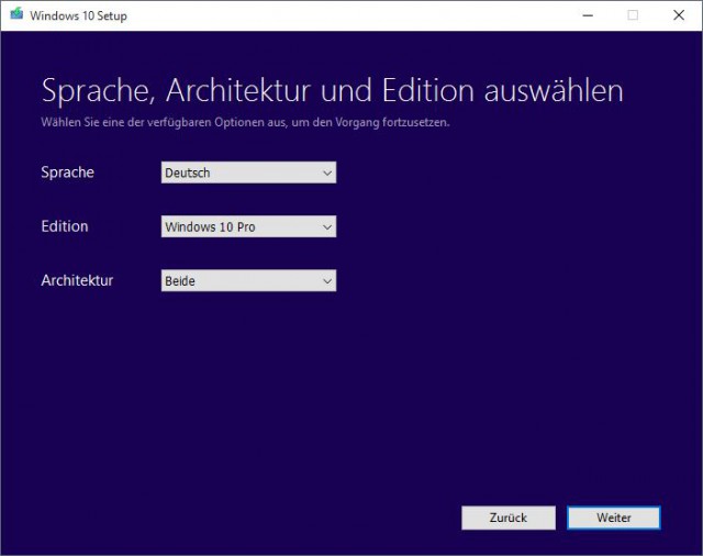 Windows 10 MediaCreationTool Assistent Versionsauswahl
