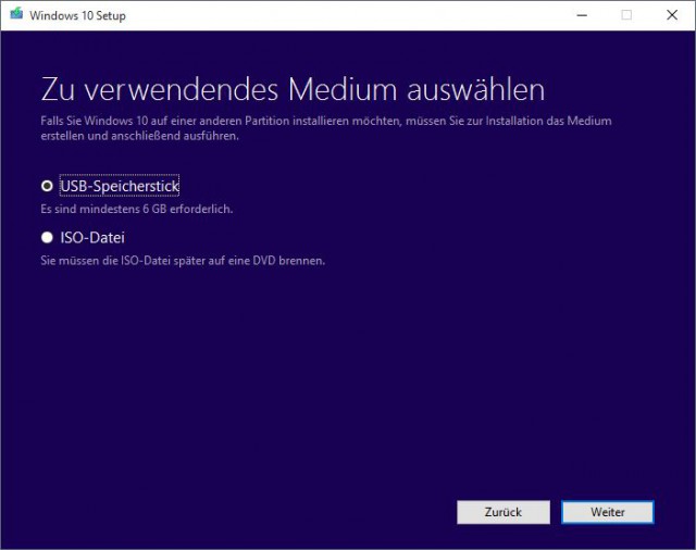 Windows 10 MediaCreationTool Assistent Medienauswahl